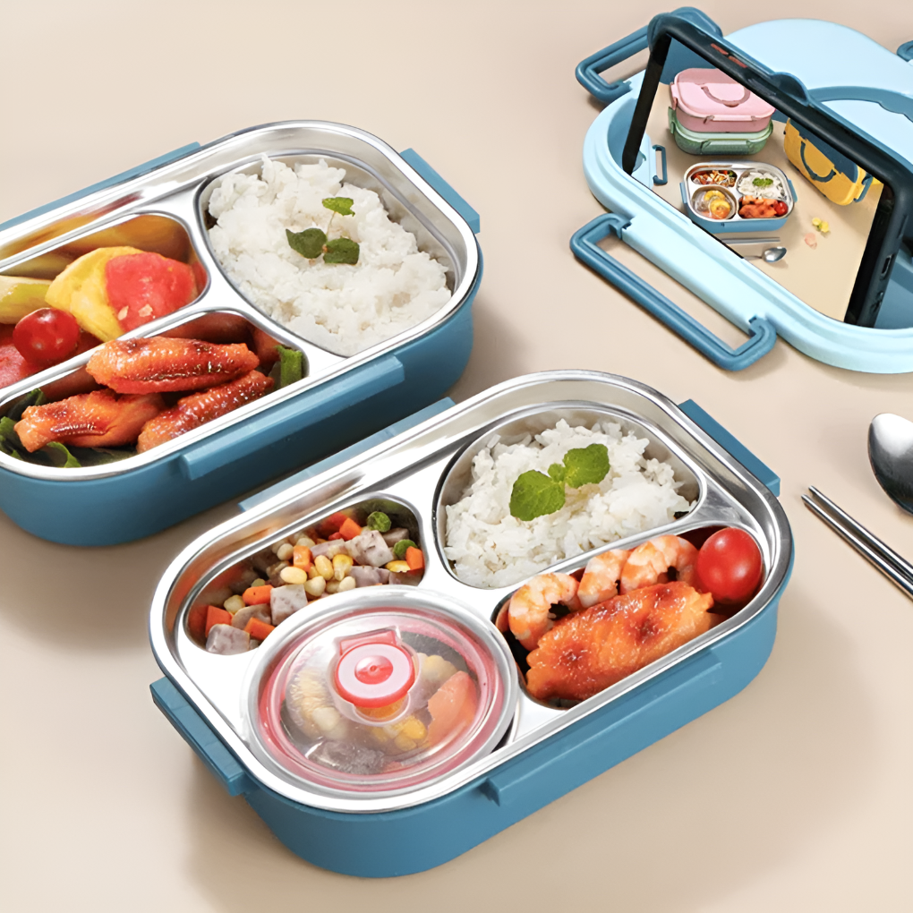 Portable stainless steel thermal lunch box. Leak-proof, multi-compartment food container for fresh office & school lunch.