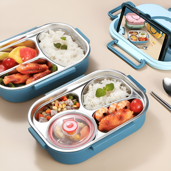 Portable stainless steel thermal lunch box. Leak-proof, multi-compartment food container for fresh office & school lunch.