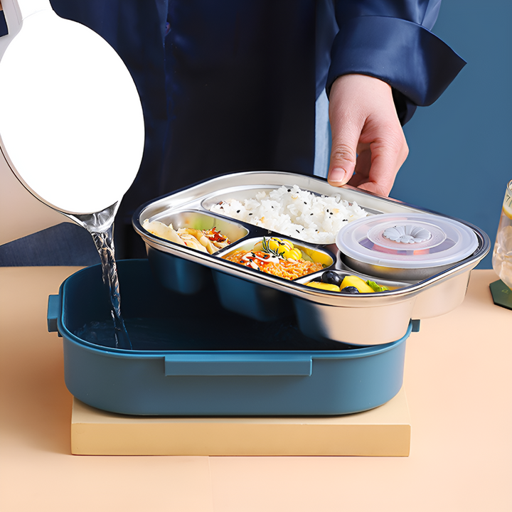 Colorful thermal lunch box, stainless steel. Keeps fresh meals warm for school, office, travel. Multi-compartment.