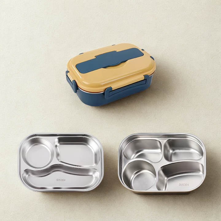 Multi-compartment stainless steel thermal lunch box. Keeps fresh food hot or cold on-the-go. Portable for travel.