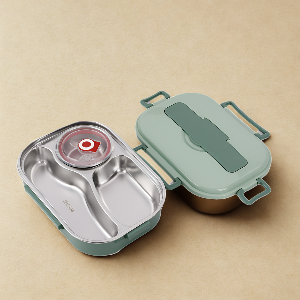 Stainless steel thermal lunch box for fresh meal prep. Multi-compartment, leak-proof, great for office & school.