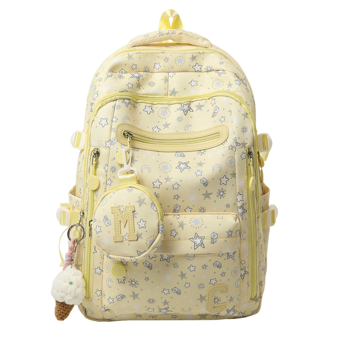 Vibrant pink star-print youth school backpack, unisex and casual, perfect as a student travel bag.