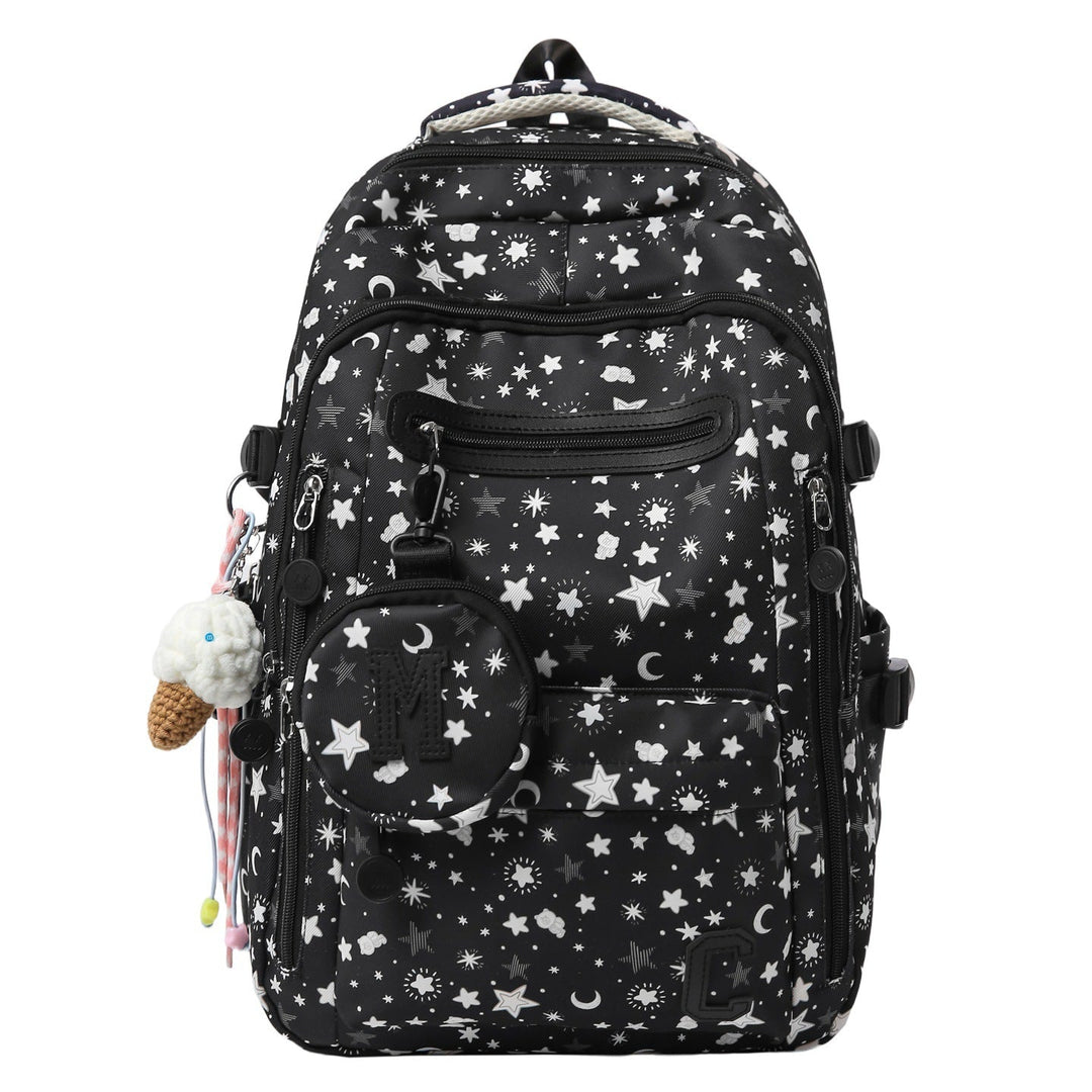 Classic black star-printed school bag, unisex design ideal for students and casual youth travel.
