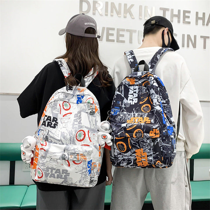 Unisex Star Wars graphic backpack, featuring iconic characters. Perfect school bag or travel pack for fans.