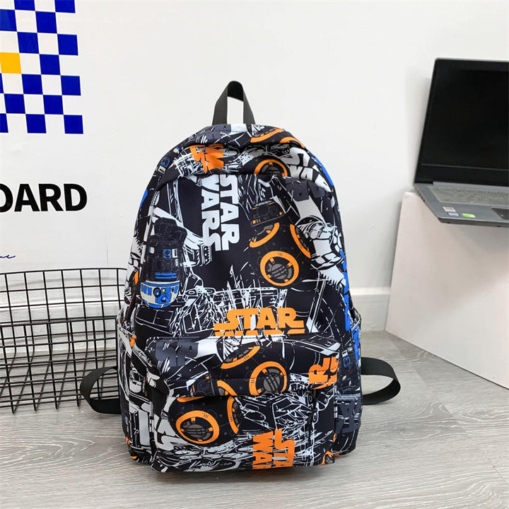 Student wearing a stylish Star Wars graphic backpack, ideal for school, travel, and showing sci-fi fandom.