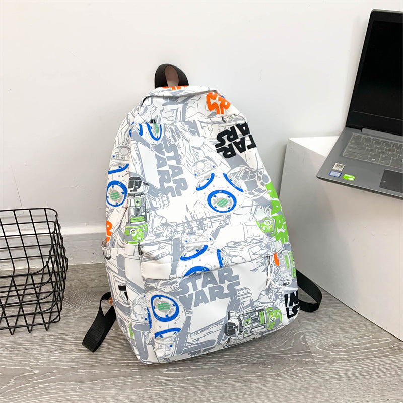 Close-up of vibrant Star Wars graphic print on the durable black unisex backpack, showcasing fandom detail.