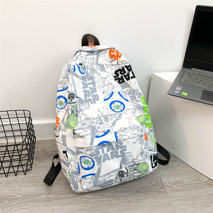 Close-up of vibrant Star Wars graphic print on the durable black unisex backpack, showcasing fandom detail.