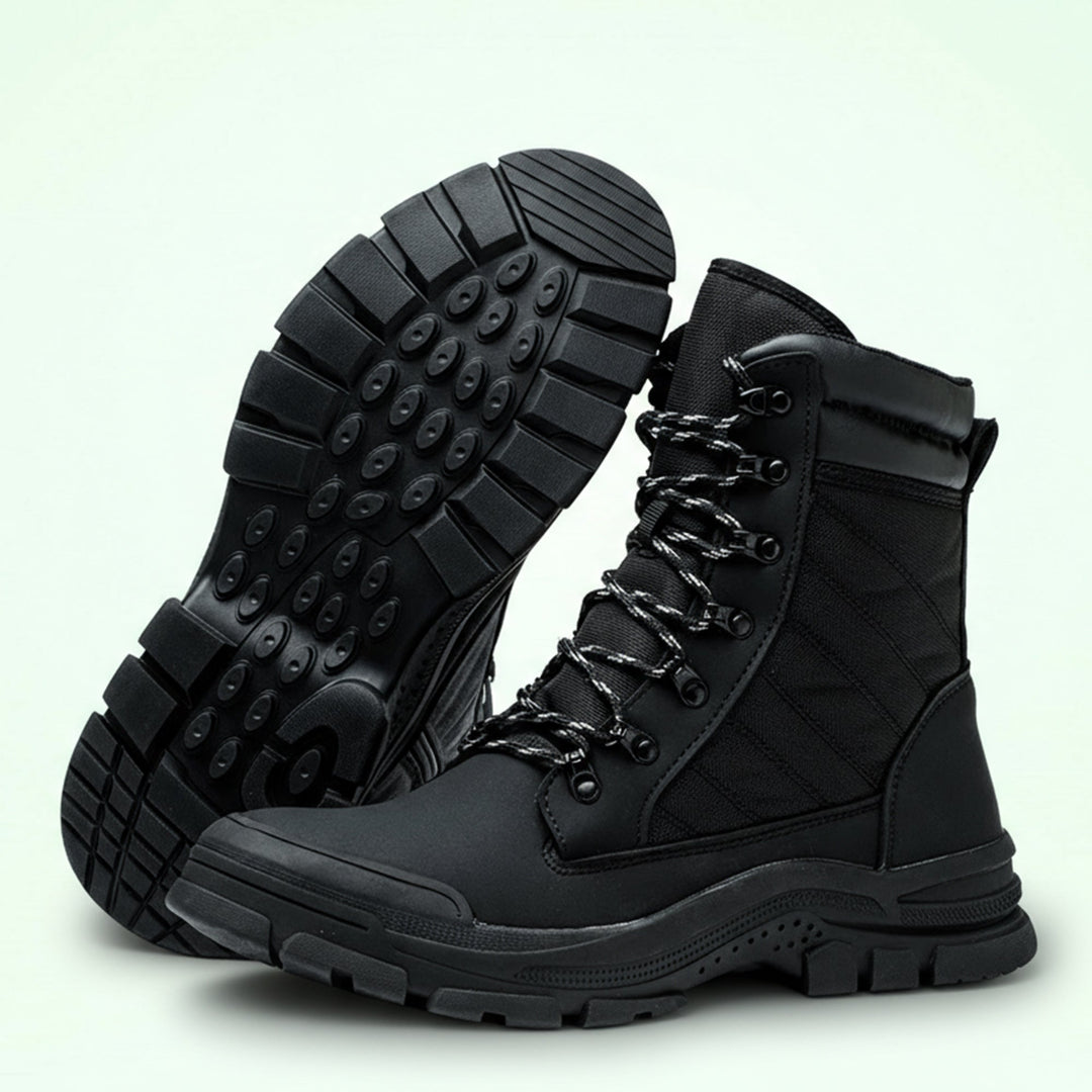 Unisex steel toe work boots with side zipper. Durable protective footwear for construction & industrial safety.