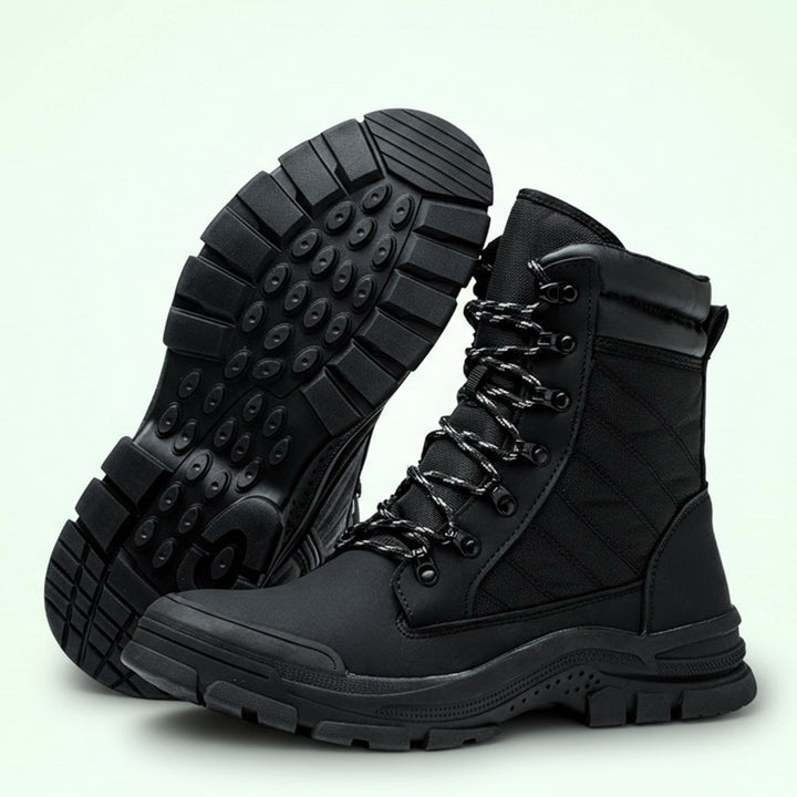Unisex steel toe work boots with side zipper. Durable protective footwear for construction & industrial safety.