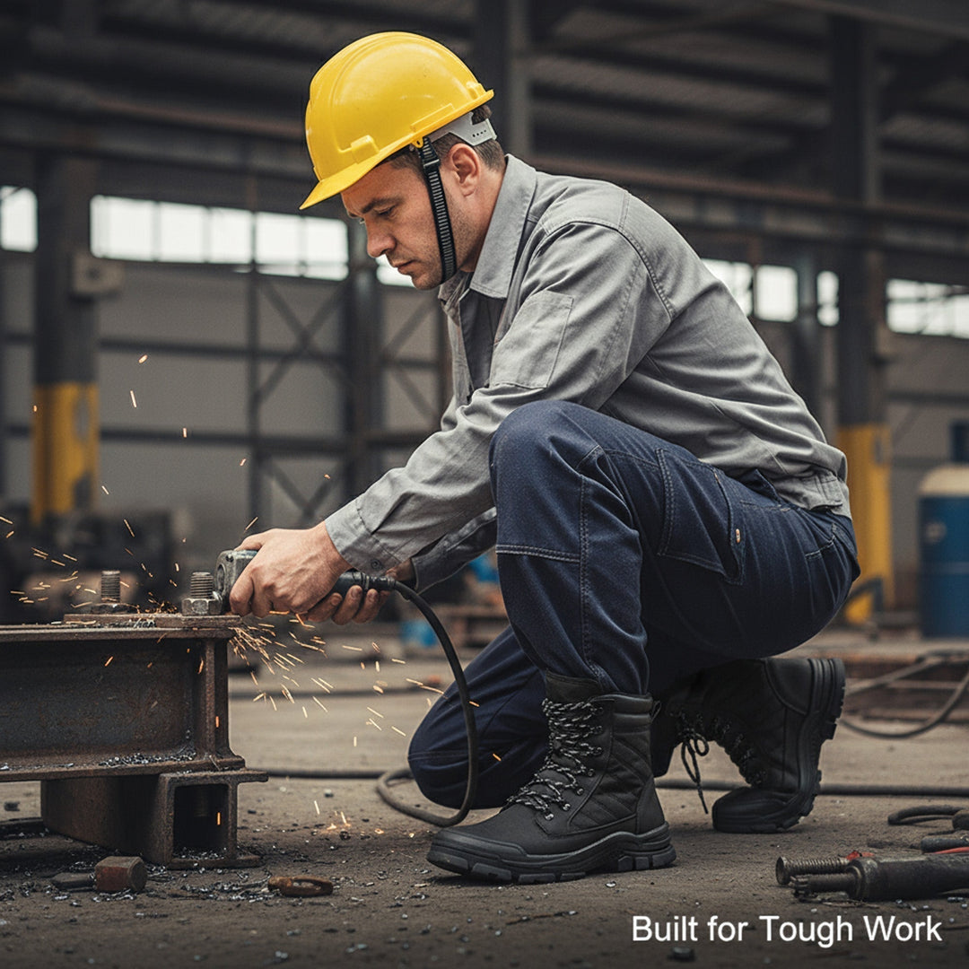 Comfortable unisex steel toe work boots featuring a practical side zipper for easy wear. All-day protective footwear.