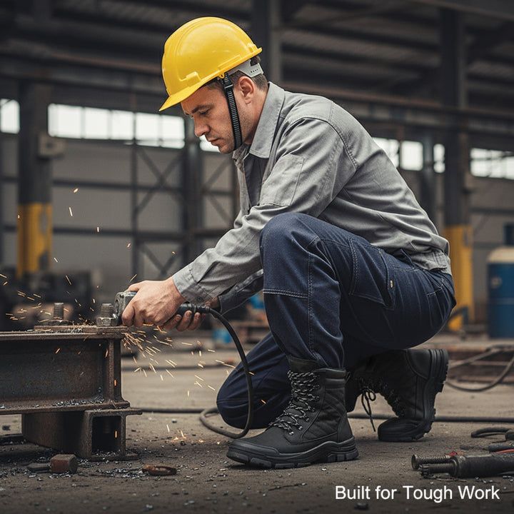 Comfortable unisex steel toe work boots featuring a practical side zipper for easy wear. All-day protective footwear.