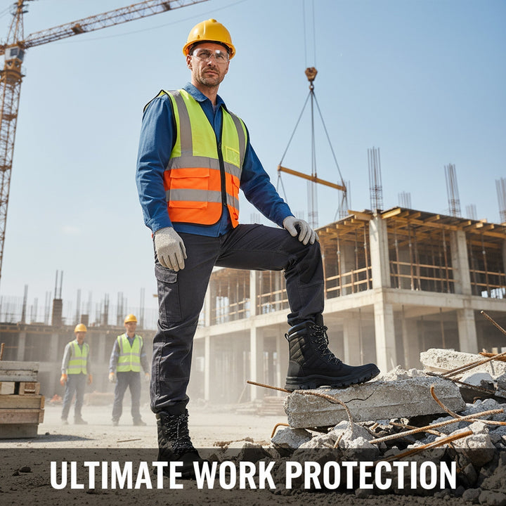 Durable unisex steel toe work boots with slip-resistant sole & side zipper. Ideal protective footwear for tough jobs.