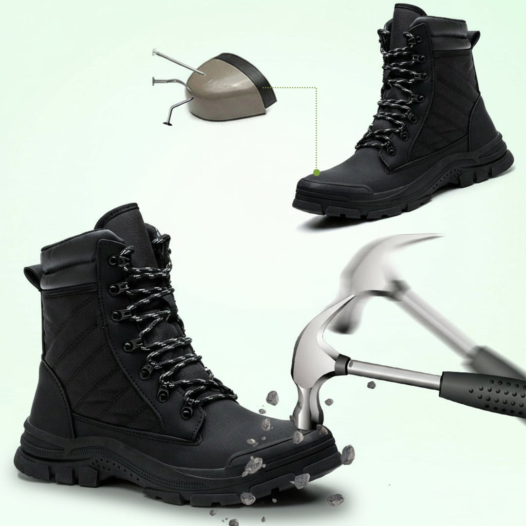 Side view of unisex steel toe work boots with quick-access zipper. Reliable safety shoes for industrial & construction.