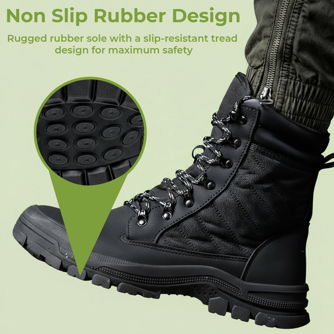 Close-up of the steel toe on unisex work boots, ensuring maximum foot protection & safety on demanding sites.