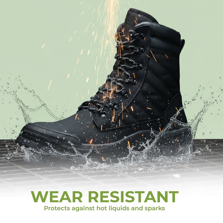 Slip-resistant sole of unisex steel toe work boots, providing secure grip & safety for construction & industrial work.