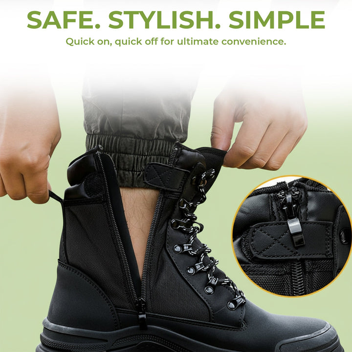 Pair of unisex steel toe work boots with side zippers, designed for demanding jobs, offering safety & comfort.