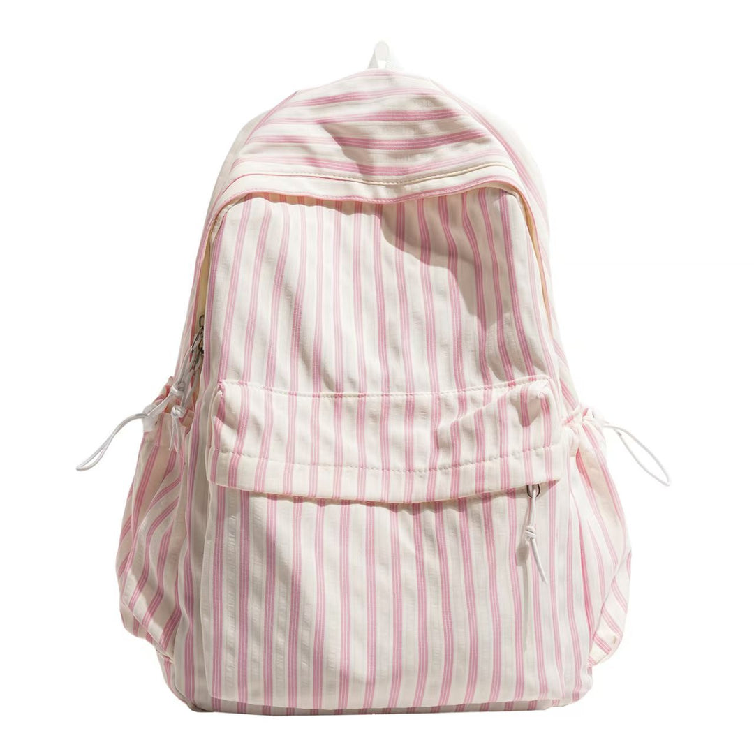 Unisex striped everyday backpack in durable polyester, perfect for school or commute, featuring convenient side pockets.