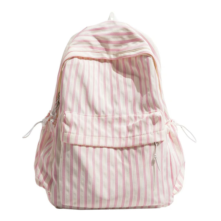 Unisex striped everyday backpack in durable polyester, perfect for school or commute, featuring convenient side pockets.
