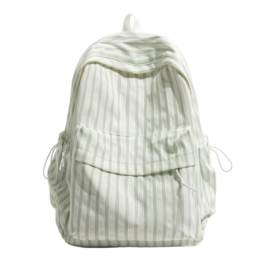 Fashionable striped unisex backpack for travel or daily use, designed with practical side pockets and comfortable straps.