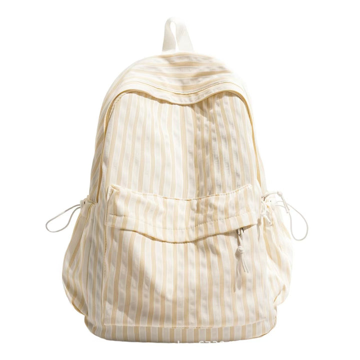 Versatile striped school backpack with spacious main compartment & side pockets, great for students or daily commuters.