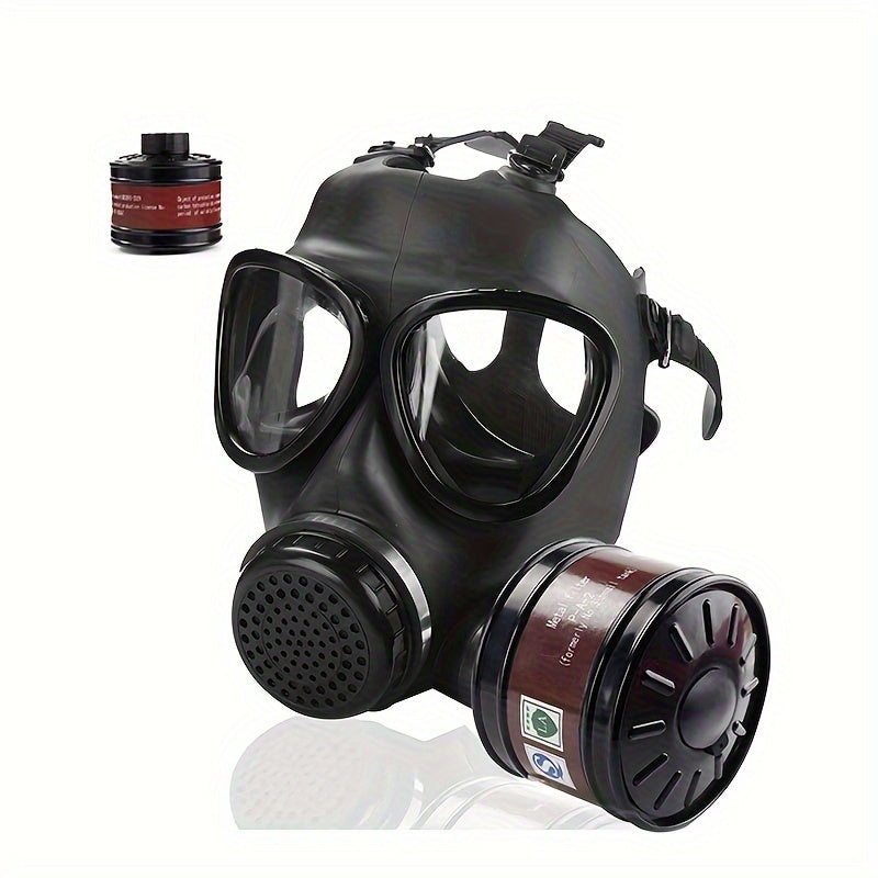 Unisex tactical full face gas mask for ultimate chemical, dust, and respiratory protection. Activated carbon filter.