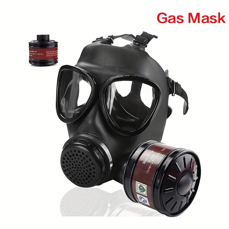 Heavy-duty tactical full face gas mask, essential hazmat gear for chemical and dust respiratory safety.