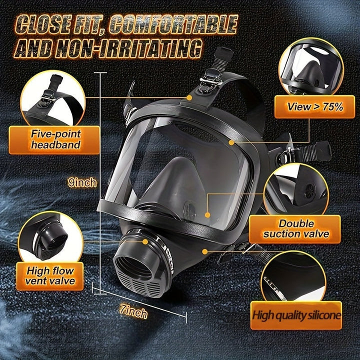 High-grade unisex gas mask for full face chemical protection & respiratory safety in hazardous environments.