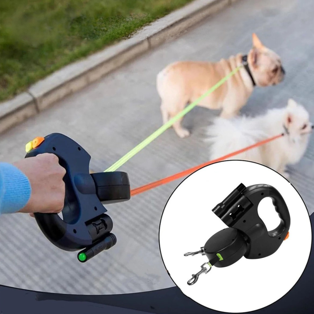 Unisex tangle-free dual dog leash with built-in LED light for safe night walks with two dogs.