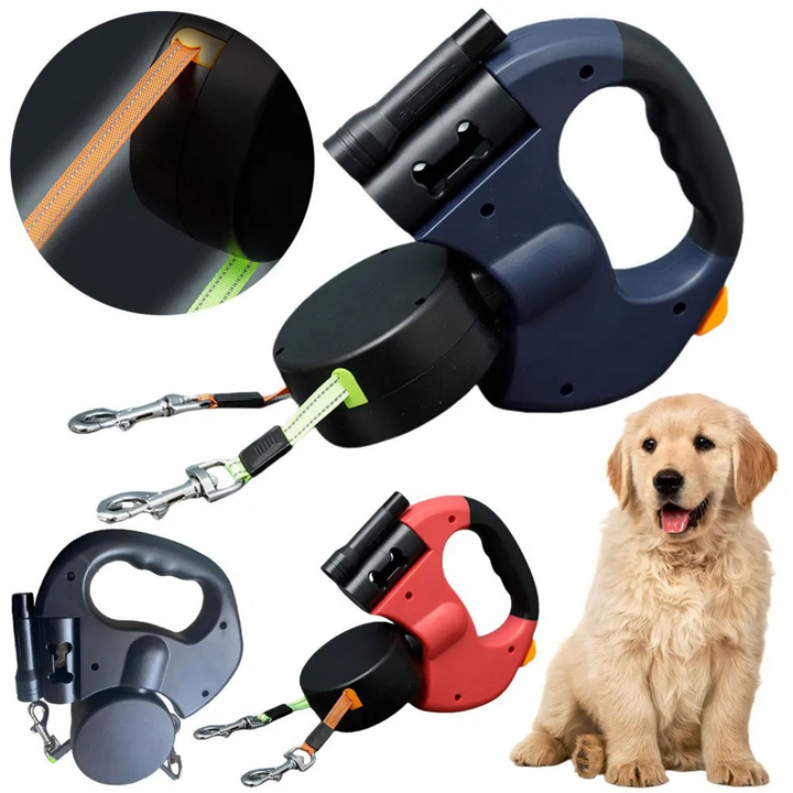 Tangle-free dual dog leash, perfect for walking two dogs simultaneously with integrated LED light.