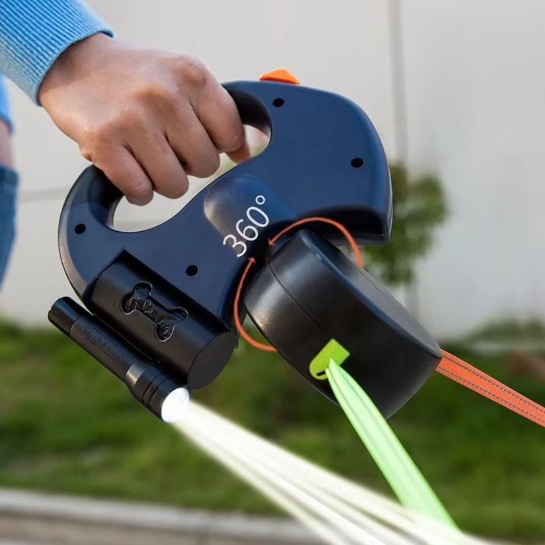 Essential dog walking gear: tangle-free dual dog leash with LED light for enhanced safety after dark.