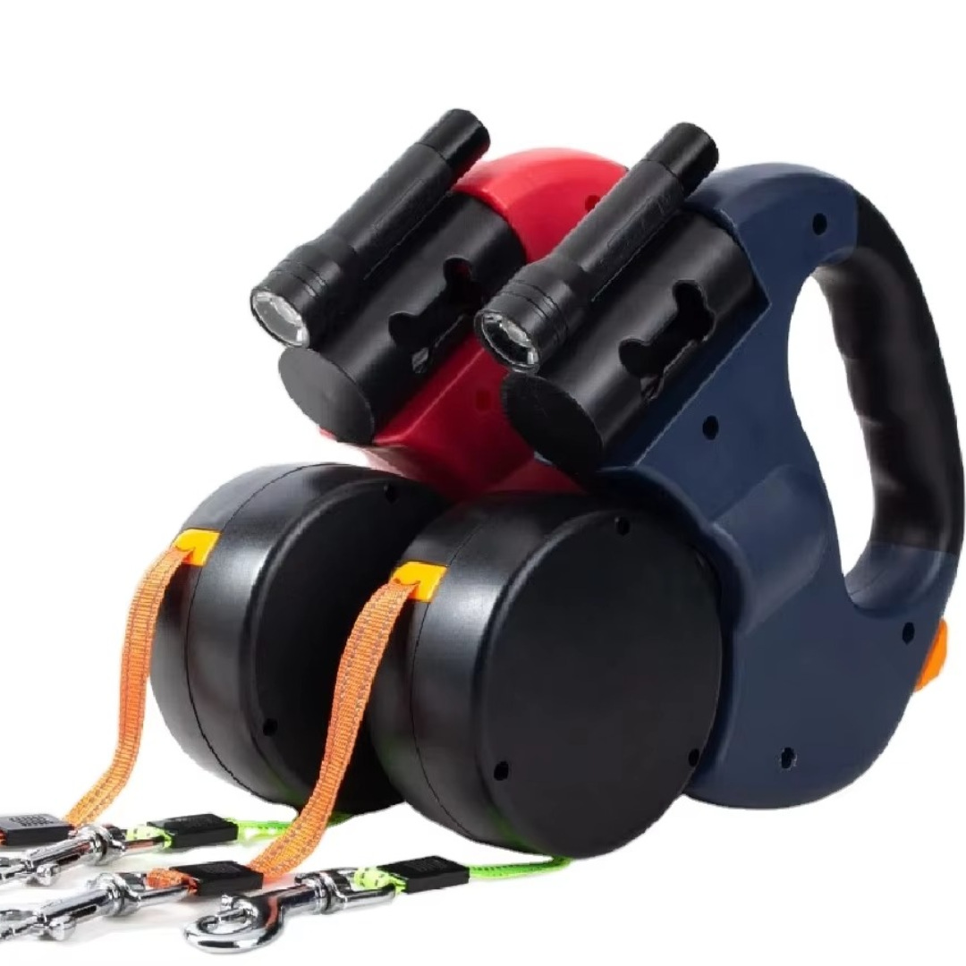 Tangle-free dual dog leash with bright LED light for stress-free night walks with two dogs.