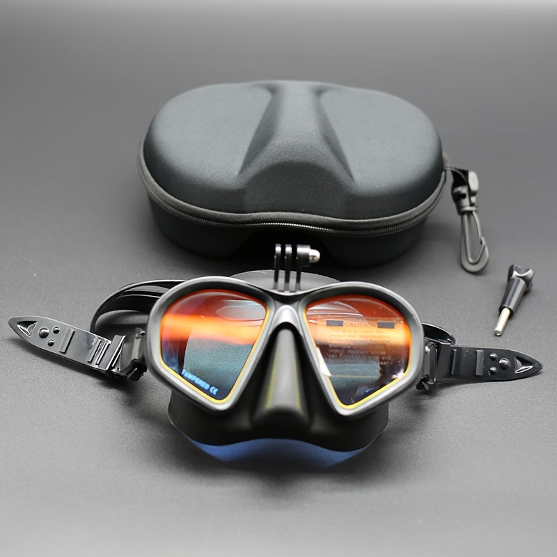 Unisex tempered diving mask with anti-fog lens & camera mount for underwater adventures.