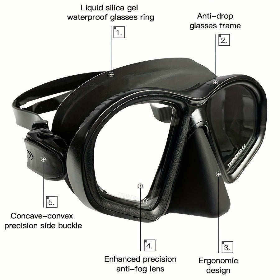 High-performance diving mask with anti-fog tempered lens & camera mount for clear vision.