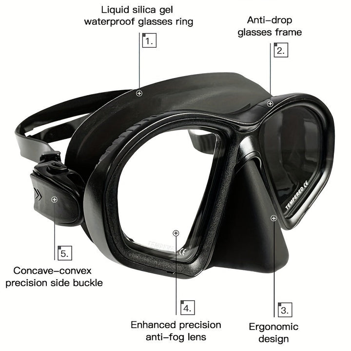 High-performance diving mask with anti-fog tempered lens & camera mount for clear vision.