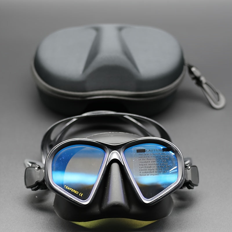 Adult dive goggles, tempered glass, anti-fog coating, and a convenient camera mount.