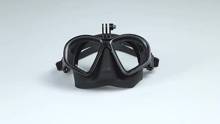 Dive mask with camera mount, anti-fog tempered lens, suitable for all adult water sports.
