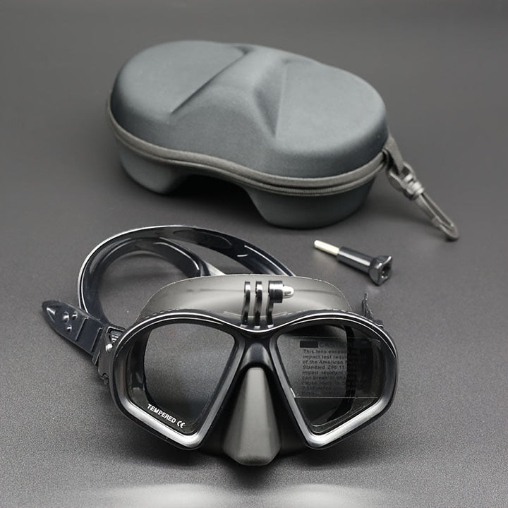 High-quality snorkel mask with tempered lens, anti-fog, and integrated camera mount for diving.