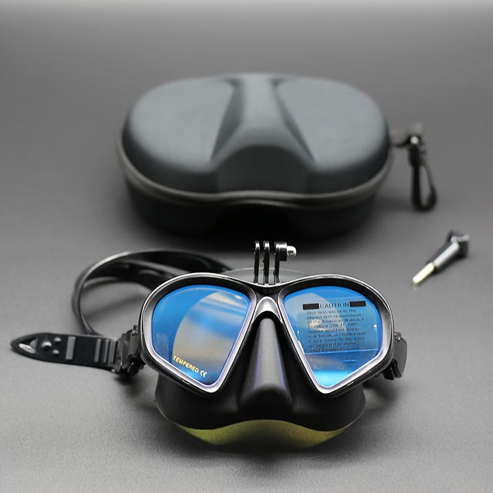 Unisex diving mask with durable tempered lens, anti-fog, & camera mount, ideal for snorkeling.