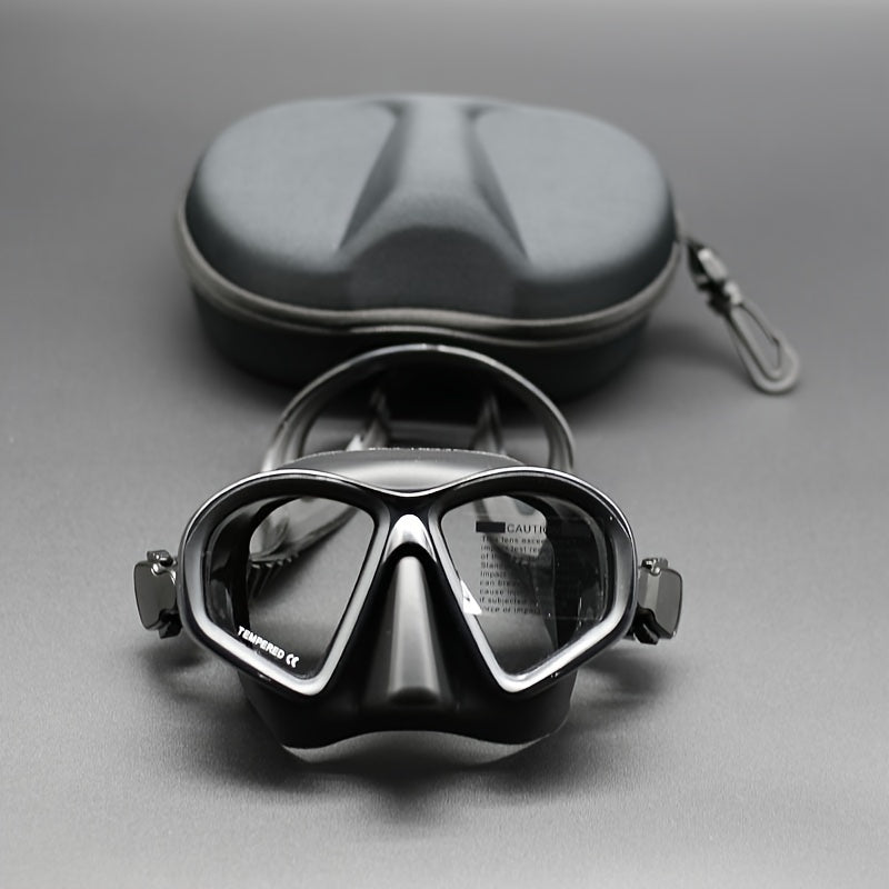 Tempered glass dive mask with anti-fog lens & camera mount, perfect for underwater photography.