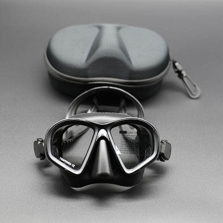 Adult snorkel mask, anti-fog tempered lens, and camera mount for clear underwater views.
