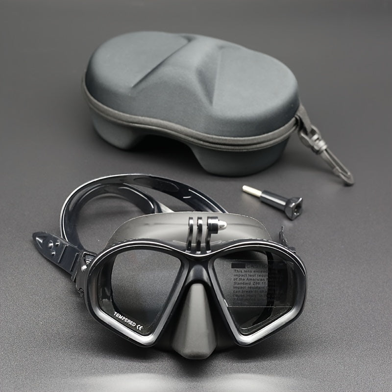 Durable unisex diving mask with anti-fog tempered lens & camera mount for water sports.