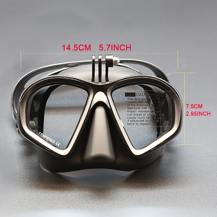 Professional dive goggles with tempered anti-fog lens & camera mount, includes storage case.
