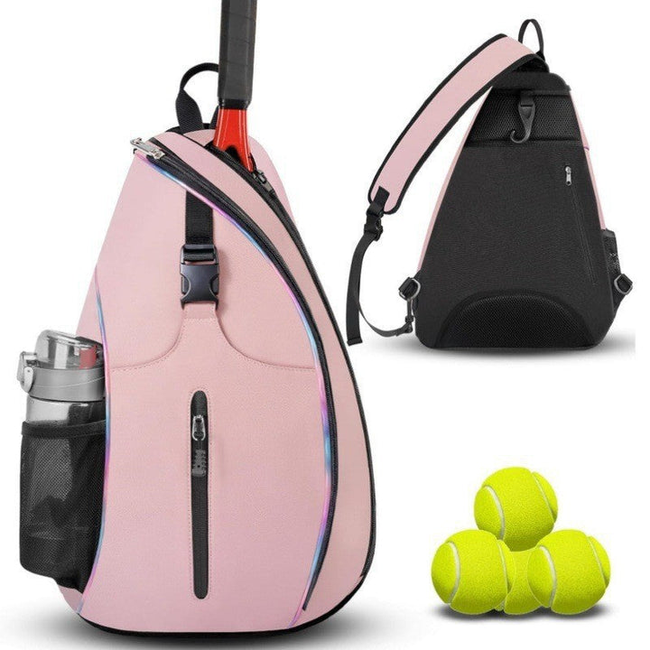 Organized tennis backpack showing internal hydration sleeve, separate shoe compartment, & accessory pockets.