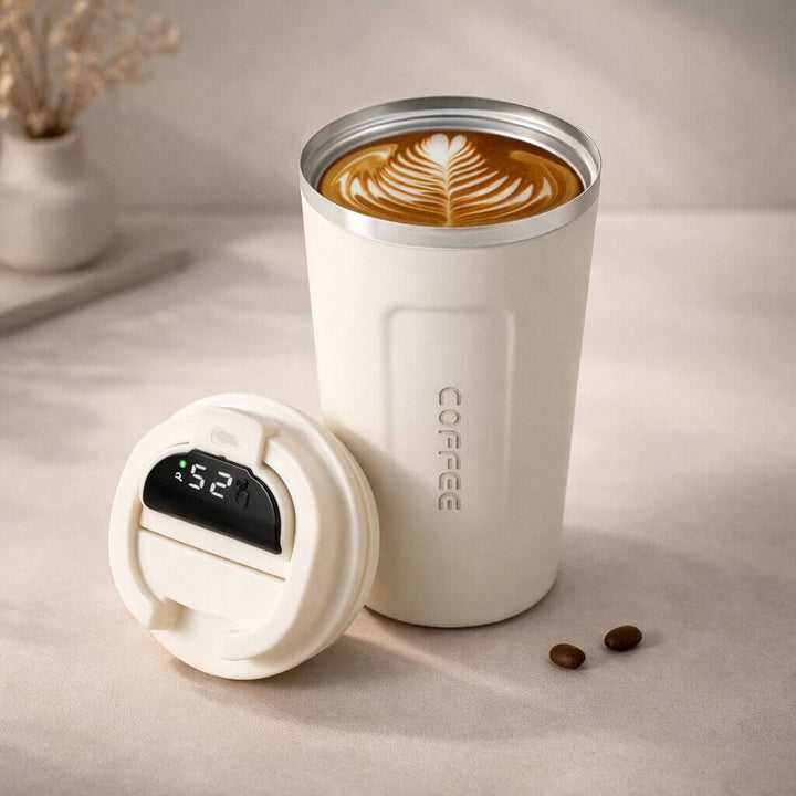 Unisex thermal travel mug, stainless steel, digital temp display, leak-proof for hot/cold drinks.