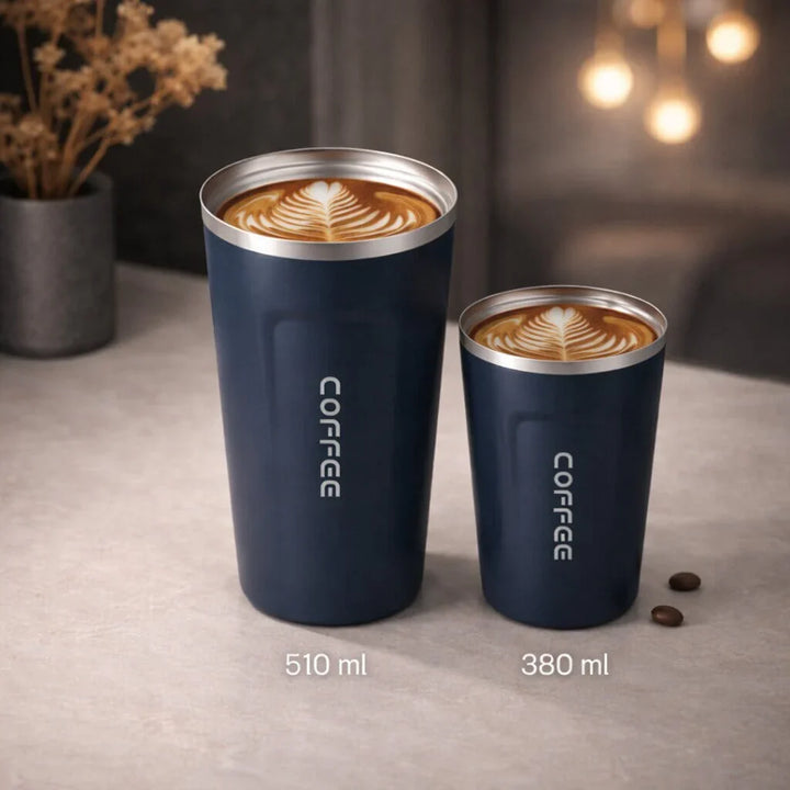 Leak-proof insulated cup, perfect for travel, displays drink temperature on a digital screen.