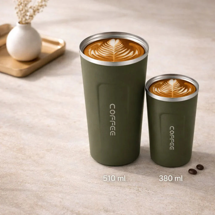 Unisex thermal mug, stainless steel, vacuum insulated, with digital display for hot & cold liquids.