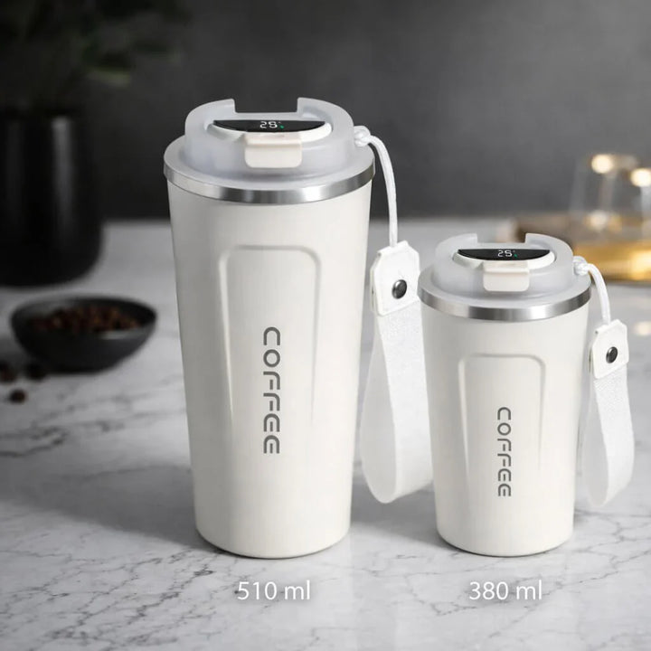 Portable drinkware: leak-proof thermal travel mug with digital display showing internal temperature.