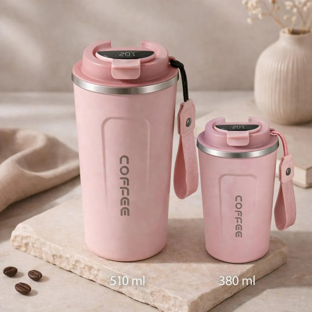 Insulated travel mug with leak-proof lid, digital display shows temperature of hot or cold beverages.