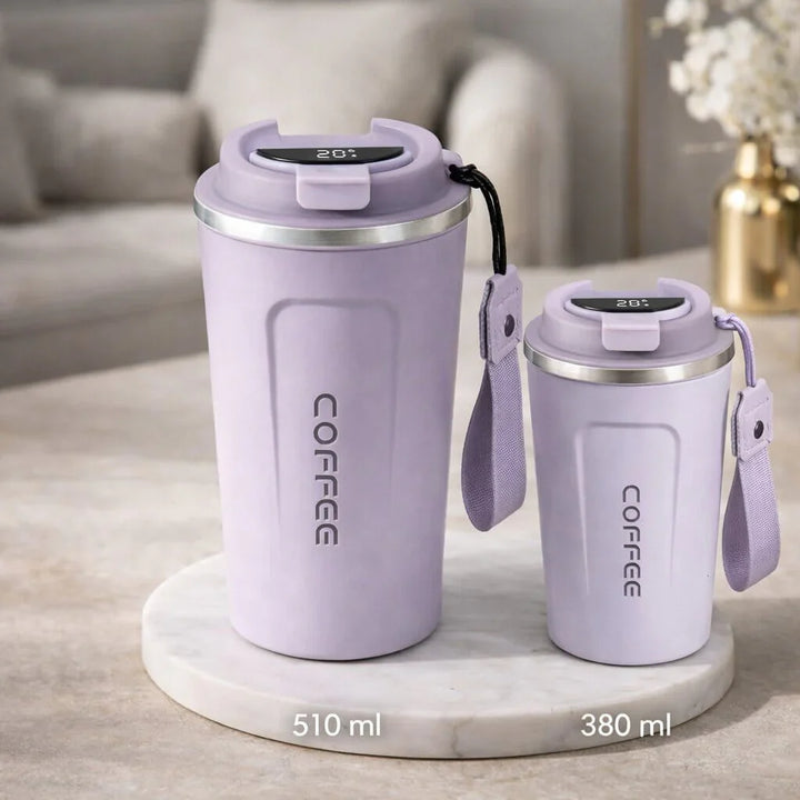 Vacuum insulated thermal cup, unisex design, with digital display for precise temperature readings.