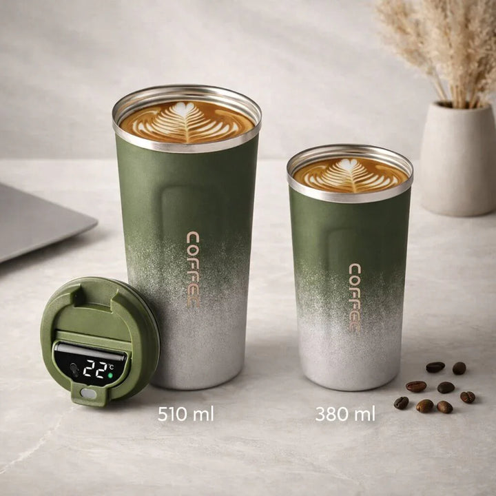 Stainless steel thermal travel mug with digital display, great for hot tea or cold juice on the go.